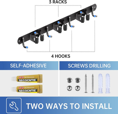 ZONGOOL 2 Pack Broom Holder Wall Mount, 4 Racks and 5 Hooks Mop Hanger Wall Mount Broom Organizer Stainless Steel Heavy Duty Garage Tool Racks for Home Kitchen Garden Laundry (Black)