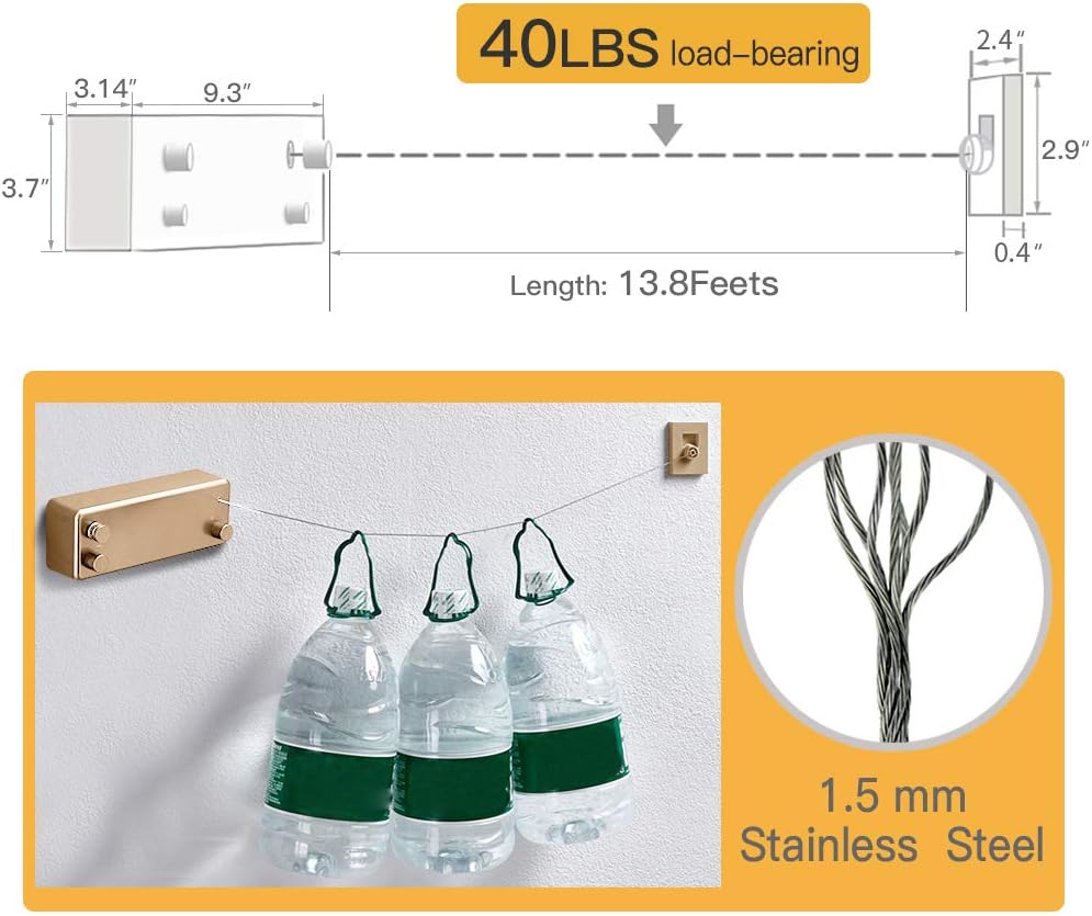 BESy Retractable Clothesline ABS case+Aluminum Dryer with Adjustable Stainless Steel Double Rope String Hotel Style Heavy Duty,Wall Mounted Method, 13.8 Feets,White