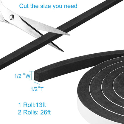 Seal Foam Tape,1/2 Inch W x 1/8 Inch T Weather Stripping for Door and Window,High Density Single Sided Closed Cell Door Insulation Weather Strip, 3 Rolls Total 50FT Black