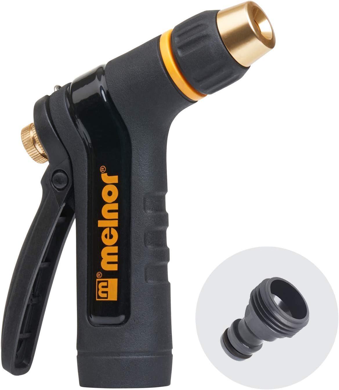 Melnor 65020-AMZ Metal Multi-Pattern Hose Nozzle with Rear Trigger Grip, 7 Spray Patterns, Heavy-Duty Metal Construction, Quick Connect Adapter, Black, Orange