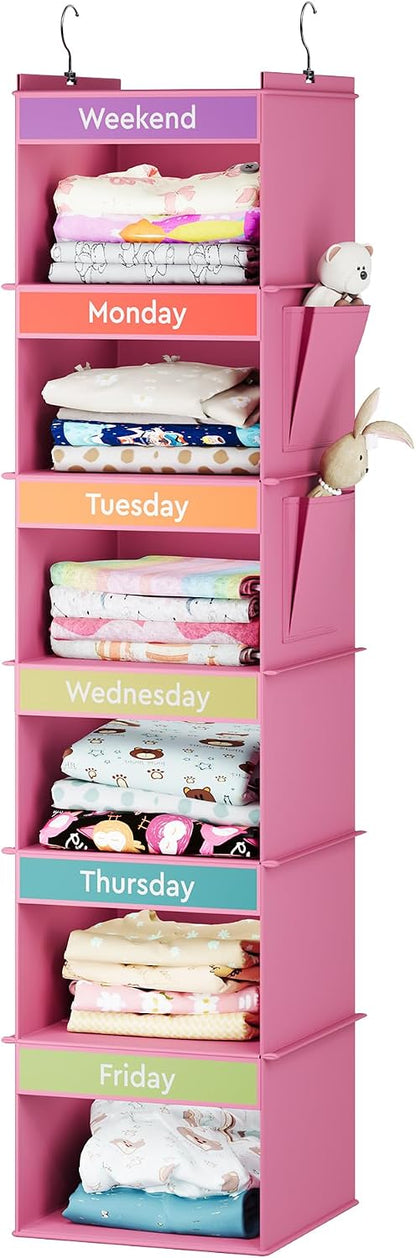 YOUDENOVA 6-Shelf Weekly Hanging Closet Organizer, Weekly Clothes Organizers for Kids with 2 Side Pockets, Pink