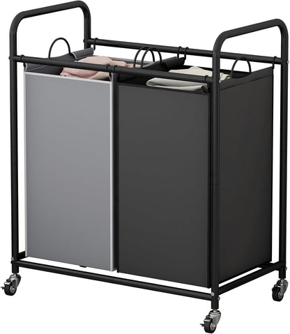 SUOERNUO Laundry Sorter Basket 2 Bag Laundry Hamper Cart with Rolling Lockable Wheels and Removable Bags Laundry Organizer Cart for Clothes Storage, Assorted