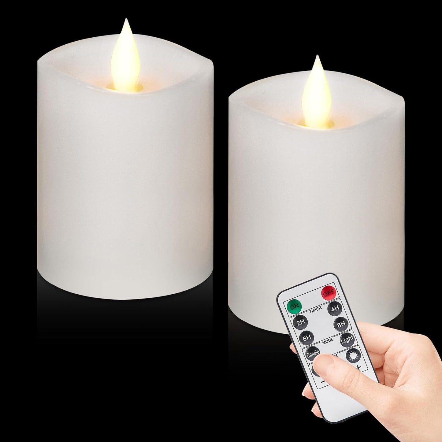 3"x4" Flickering Flameless Battery Candles with Timer, White Realistic LED Pillar Candles, Set of 2 Large Remote-Operated Candles for Home Indoor/Outdoor & Holiday Decor