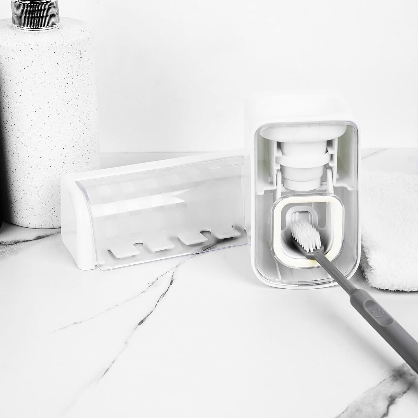 5 Slots Wall Mount Toothbrush Holder with Cover, Self Adhesive Toothbrush Storage Organizer for Shower, Toothbrush Hanger with Automatic Toothpaste Squeezer Dispenser