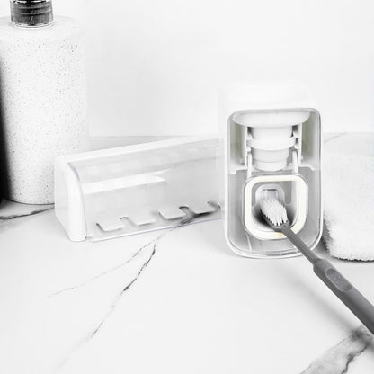 5 Slots Wall Mount Toothbrush Holder with Cover, Self Adhesive Toothbrush Storage Organizer for Shower, Toothbrush Hanger with Automatic Toothpaste Squeezer Dispenser