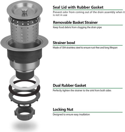 Serene Valley 3-1/2-inch Kitchen Sink Strainer Assembly, 304 Premium Stainless Steel Construction with Removable Deep Waste Basket and Sealing Lid