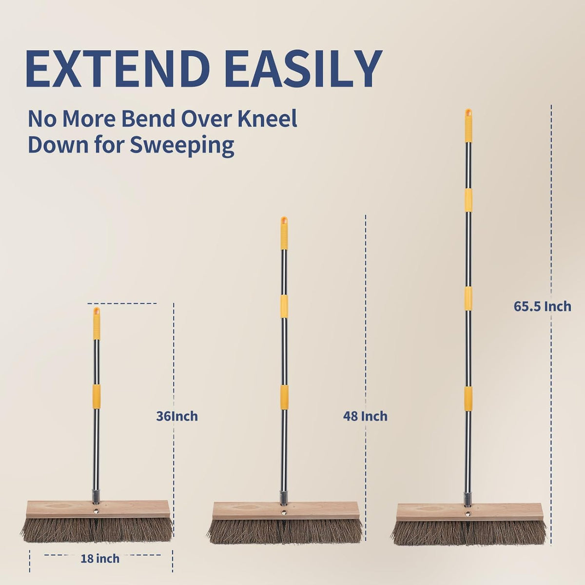 NICOFPHY 18" Push Broom Outdoor Heavy Duty - 65" Long Handle Large Wide Shop Broom, Commercial Stiff Palmyra Bristle Outside Broom Brush for Sweeping Concrete Floor, Garage, Patio, Shop, Yard, Lawn