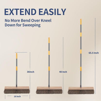 NICOFPHY 18" Push Broom Outdoor Heavy Duty - 65" Long Handle Large Wide Shop Broom, Commercial Stiff Palmyra Bristle Outside Broom Brush for Sweeping Concrete Floor, Garage, Patio, Shop, Yard, Lawn