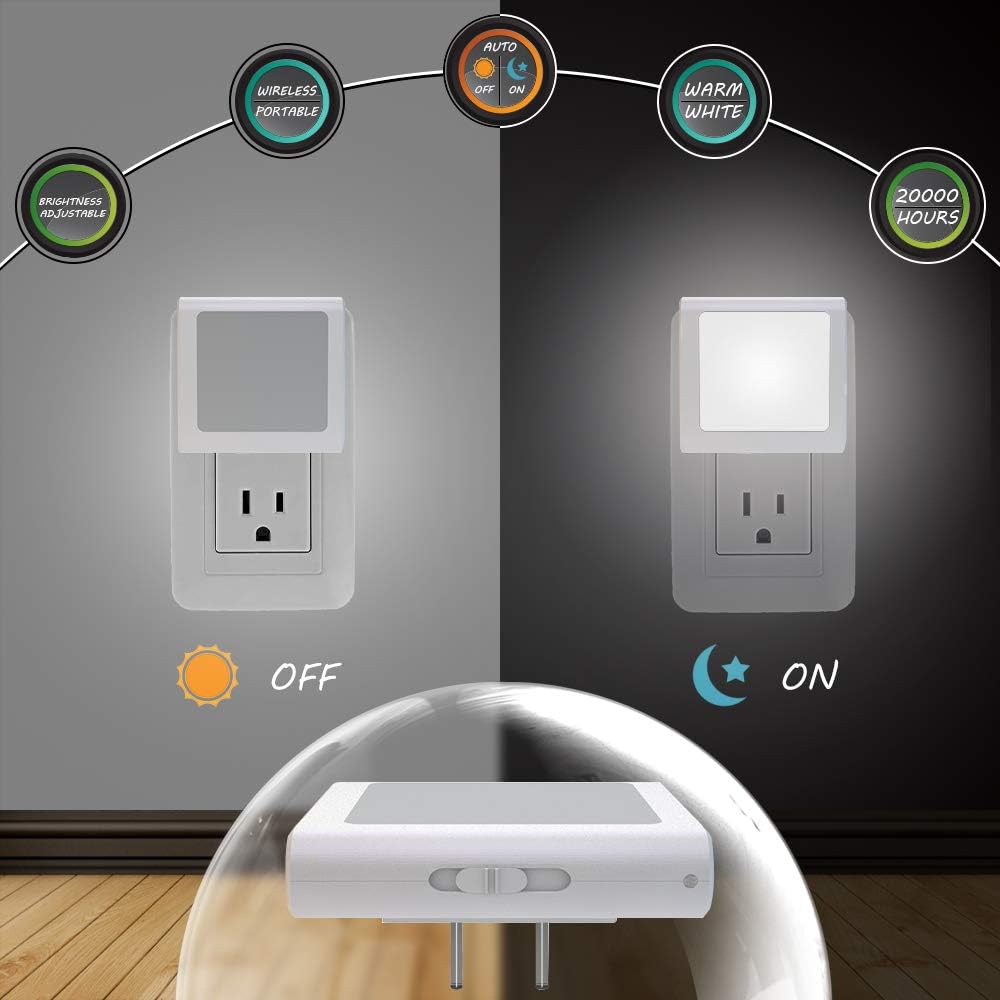 MAZ-TEK Plug-in Led Night Light with Auto Dusk to Dawn Sensor,Adjustable Brightness Warm White Lights for Hallway,Bedroom, Kids Room, Kitchen, Stairway, 2 Pack