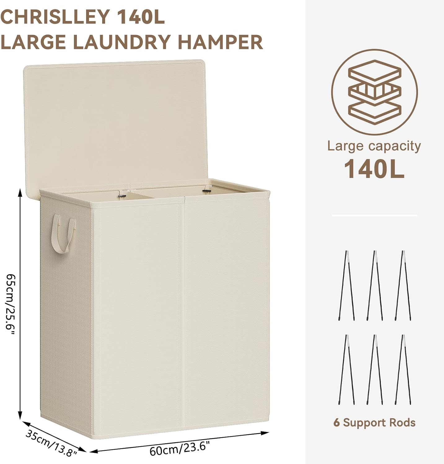 Chrislley 140L Laundry Hamper 2 Section, Double Laundry Basket with Lid, Large Dirty Clothes Hamper with Removable Liner Bags, Collapsible Laundry Organizer for Bedroom, Dorm,Beige
