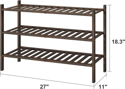 viewcare 3-Tier Black Bamboo Shoe Rack for Entryway, Stackable | Foldable | Natural, Shoe Shelf Storage Organizer for Hallway Closet, Free Standing Shoe Racks for Indoor Outdoor