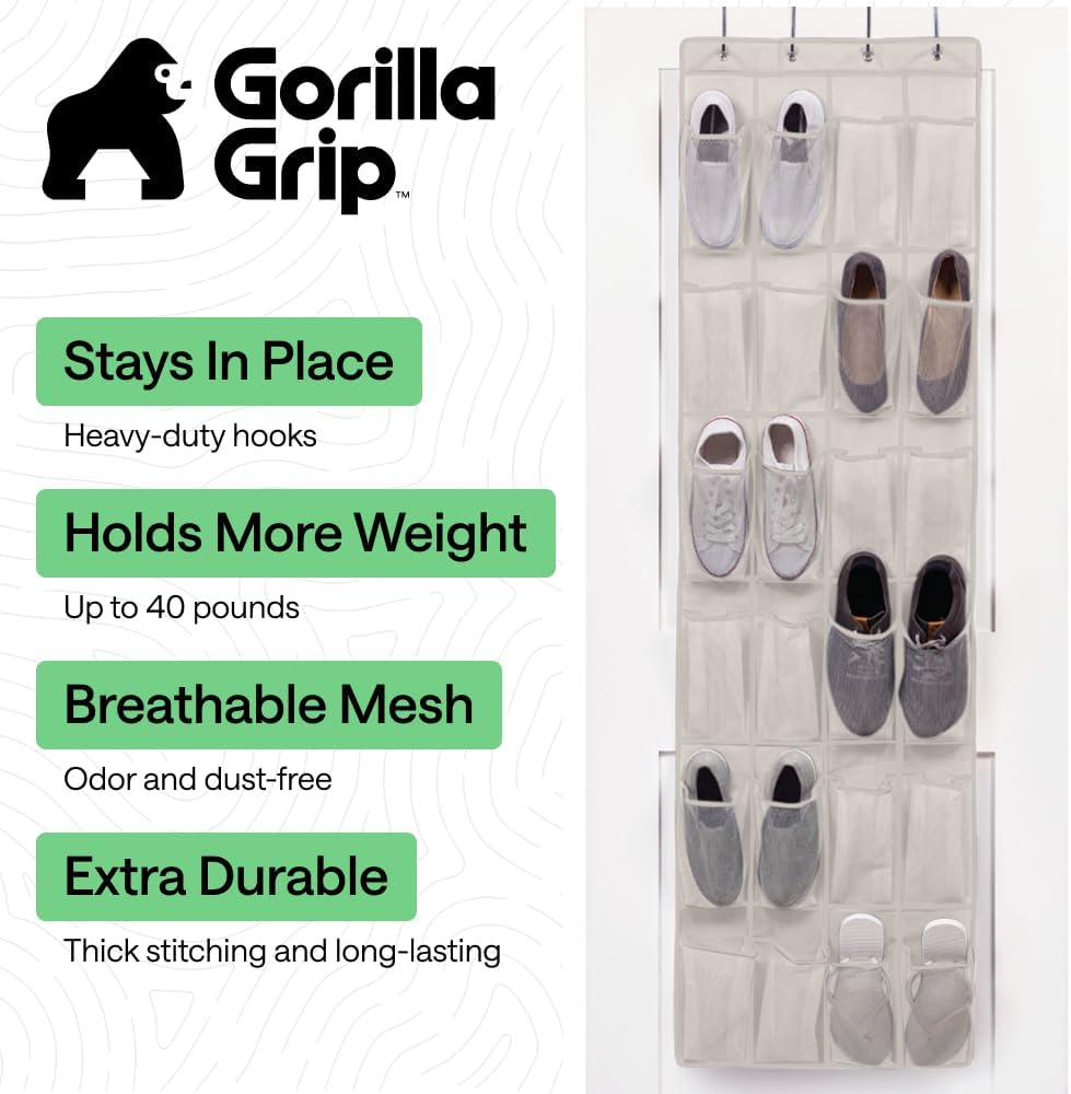 GORILLA GRIP Over the Door Shoe Organizer, 24 Large Breathable Mesh Pockets, Space Saving Hanging Storage Holder, Closet Rack Hanger Holds Up to 40 lbs, Hangs on Closets for Shoes, Accessories, Grey