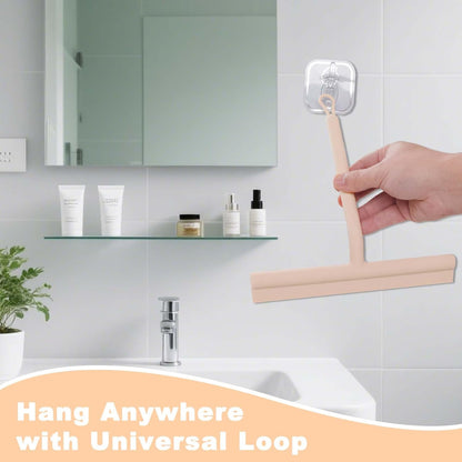 Squeegee for Shower Glass Doors, Resilient Loop - No-Drill & Adhesive Hook, Silicone Shower Squeegee with Stainless Steel Core, Cleaning Tool for Home, Kitchen, Bathroom & Car - Black