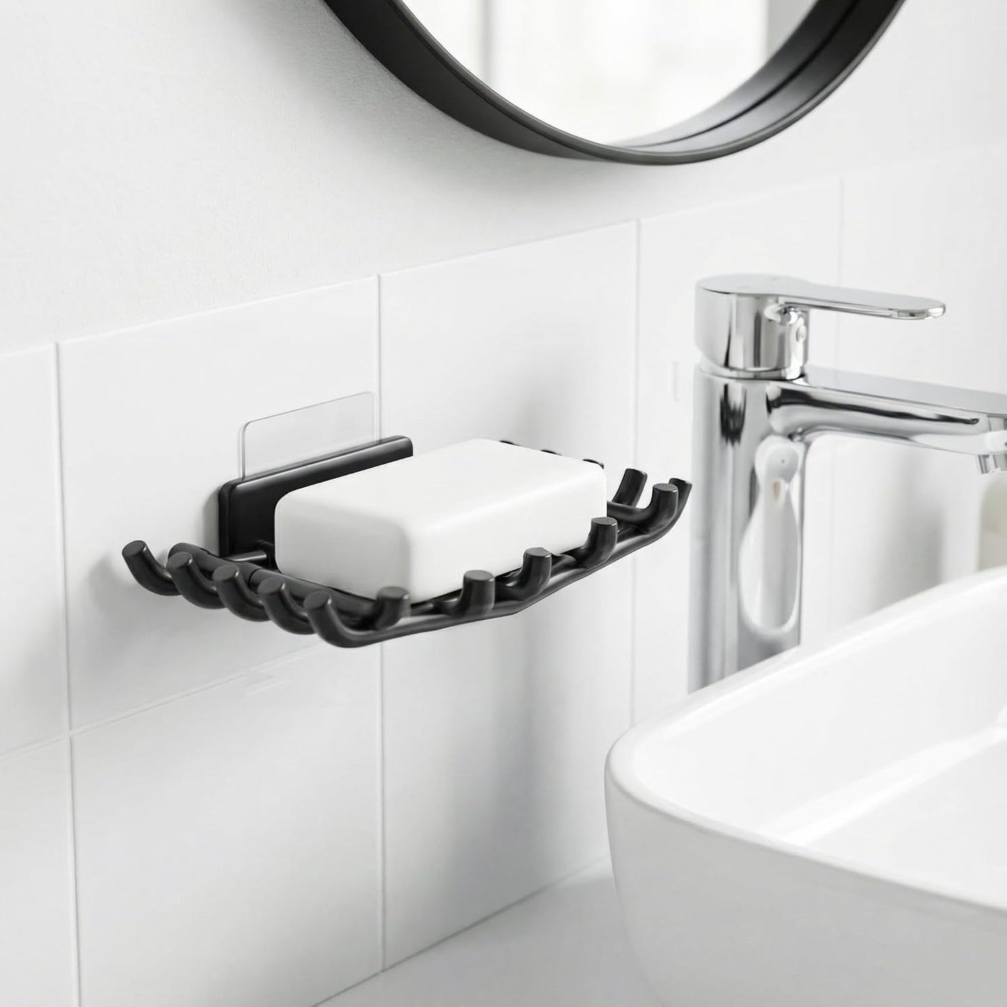 Bar Soap Holder for Shower Wall, Self Draining Plastic Bar Soap Dish Tray Container Case for Bathroom Sink, Adhesive Shower Soap Dish Holder Wall Mounted, Black 2 Pack