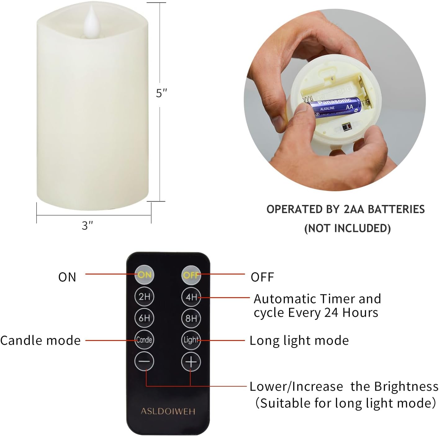 3x3 Flickering Flameless Candles Set of 2, 2AA Battery Life 600 Hours Battery Candles Flickering with Timer,3 inch Flameless Candles with Remote for Indoor/Outdoor, Ivory
