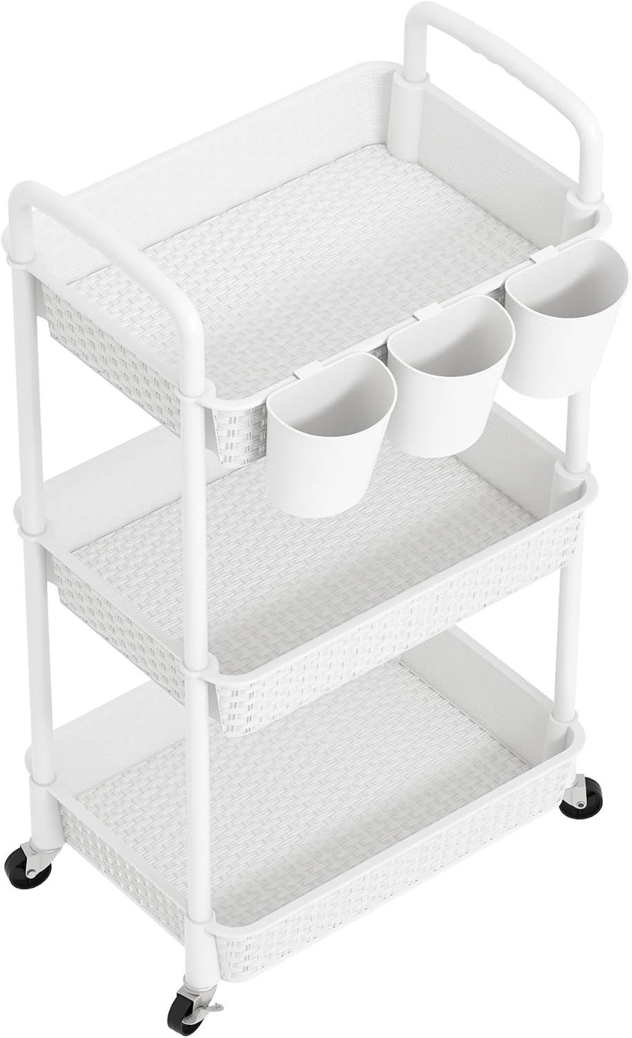 MOYIPIN 3-Tier Plastic Rolling Utility Cart with Handle,Utility Storage Cart for Office, Living Room, Kitchen,Movable Storage Organizer Shelves,White
