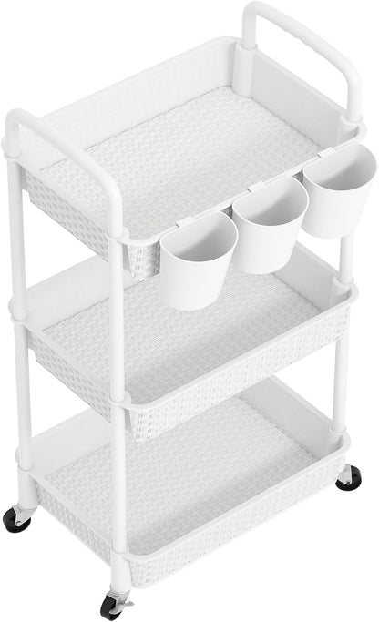 MOYIPIN 3-Tier Plastic Rolling Utility Cart with Handle,Utility Storage Cart for Office, Living Room, Kitchen,Movable Storage Organizer Shelves,White