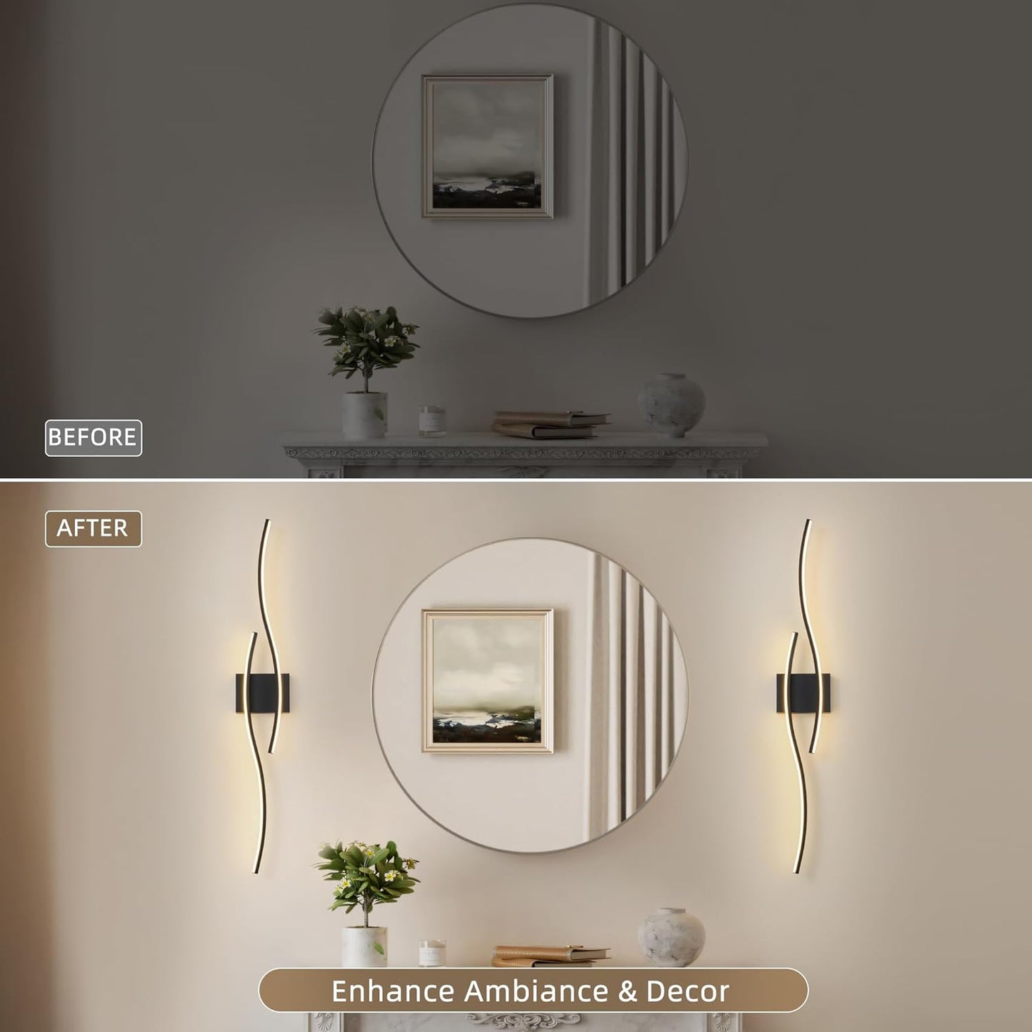 Battery Operated Wall Sconce Set of 2, Dimmable Modern LED Wireless Wall Light with Remote Control, Sconce Wall Decor for Living Room, Hallway, Quick Install, No Electrician Required