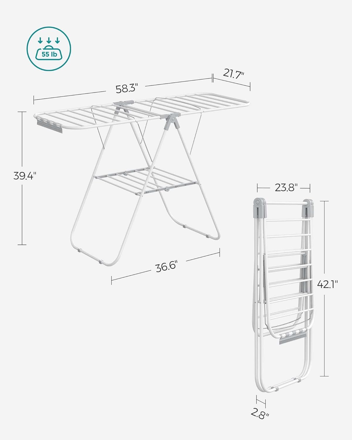 SONGMICS Clothes Drying Rack, with Sock Clips, Metal Laundry Rack, Foldable, Space-Saving, Free-Standing Airer, with 2 Height-Adjustable Gullwings, Indoor Outdoor Use, Gray ULLR052G01