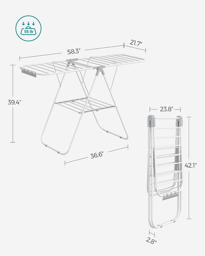 SONGMICS Clothes Drying Rack, with Sock Clips, Metal Laundry Rack, Foldable, Space-Saving, Free-Standing Airer, with 2 Height-Adjustable Gullwings, Indoor Outdoor Use, Gray ULLR052G01