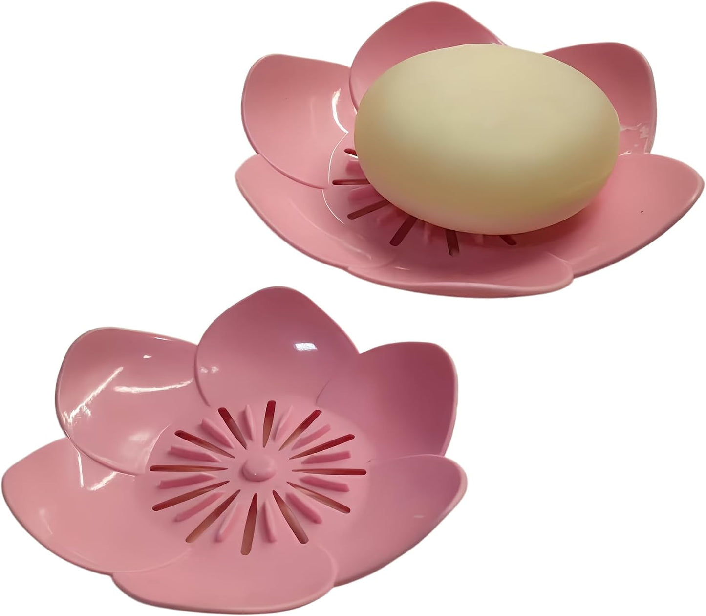 Soap Dish Holder for Shower Bar Double Layer Cute Lotus Shape Adhesive Tray Sink Wall Mounted Shampoo NO-Drilling Self Draining Hanging Saver Rack Plastic Bathroom Bathtub Kitchen，Pink