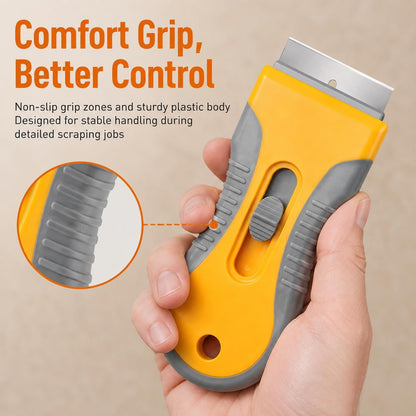 Razor Blade Scraper Set, 2 Safety-Lock Handles + 20 Steel Blades | Steel Blades Retract into Plastic Handles, Removes Stickers, Labels, Paint, Caulk and Residue From Windows, Cooktops and Tile