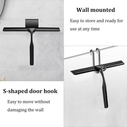 10" Stainless Steel Shower Squeegee for Shower Glass with Adhesive Hook for Cleaning Bathroom Glass Doors Car Window Mirrors and Tile Wall (Matte Black + Hook)