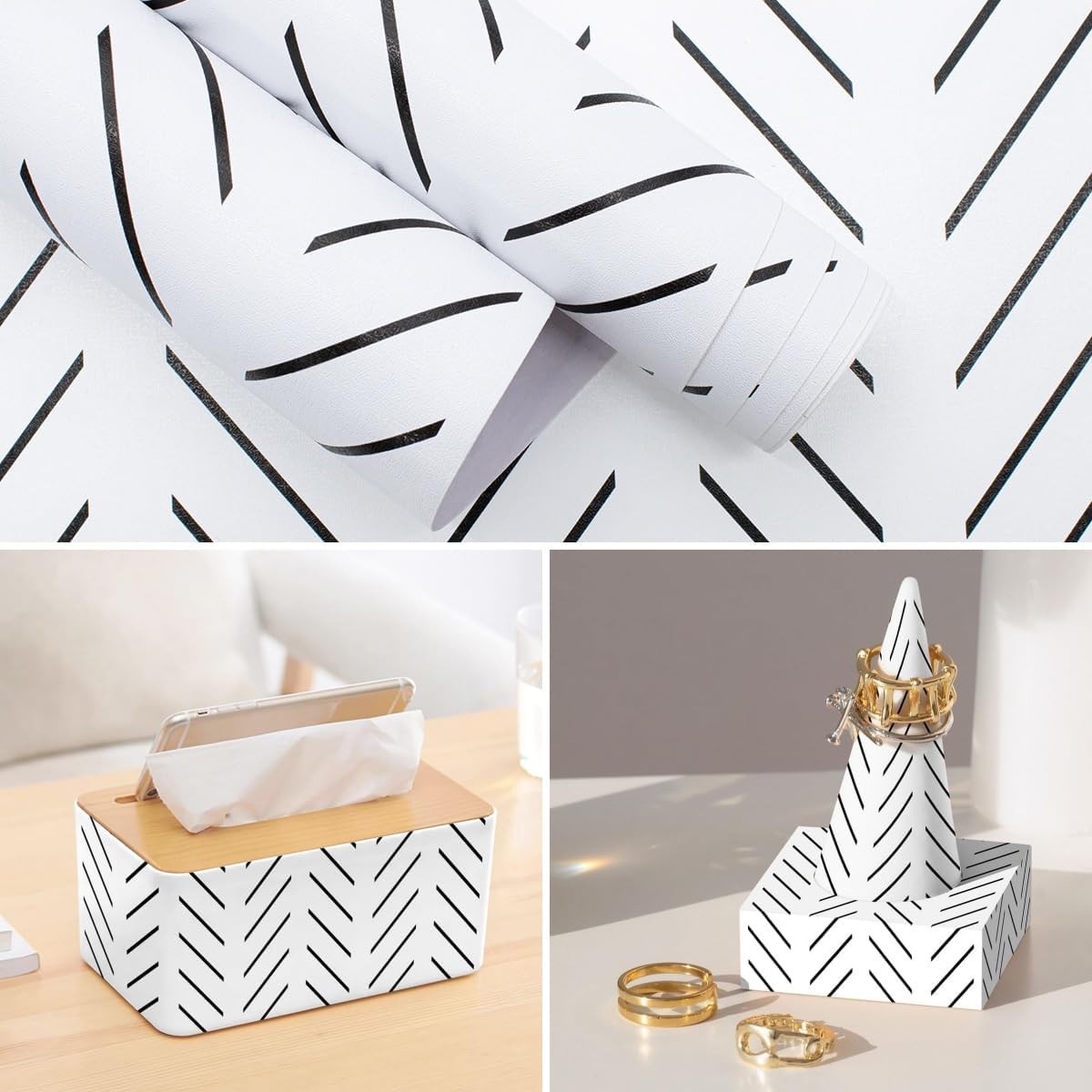 Erfoni Black and White Peel and Stick Wallpaper Modern Herringbone Contact Paper Bathroom 17.7inch x 118.1inch Geometric Removable Wallpaper Peel and Stick Self Adhesive Contact Paper for Accent Wall