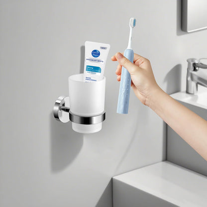 Bathroom Toothbrush Holders Set - Wall Mounted Tooth Brush Holder with Glass Toothpaste Cup, Stainless Steel Toothbrush Caddy Storage for Kids & Adult (Single)