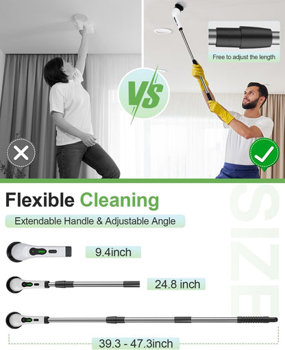 6-in-1 Cordless Electric Spin Scrubber with Long Handle | Power scrubber, bathroom scrubber, 47.2 in long handle, 2 speed scrub brush, IPX7 rated body, kitchen, tile, tub, floor