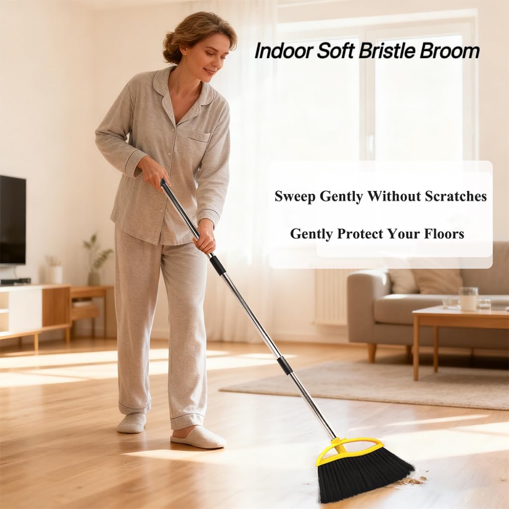 3 Pack Wide Heavy Duty Angle Broom - Stiff Bristle Outdoor Brooms for Sweeping Patio, Garden, Garage, Yard (Black, Yellow, Green)
