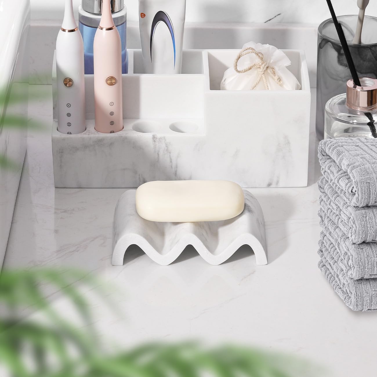 Luxspire Soap Dish, Marble Soap Dish, Self-draining Tray, Soap Holder Saver for Shower, Bathroom, Sink, Kitchen and Countertop, Gravel White