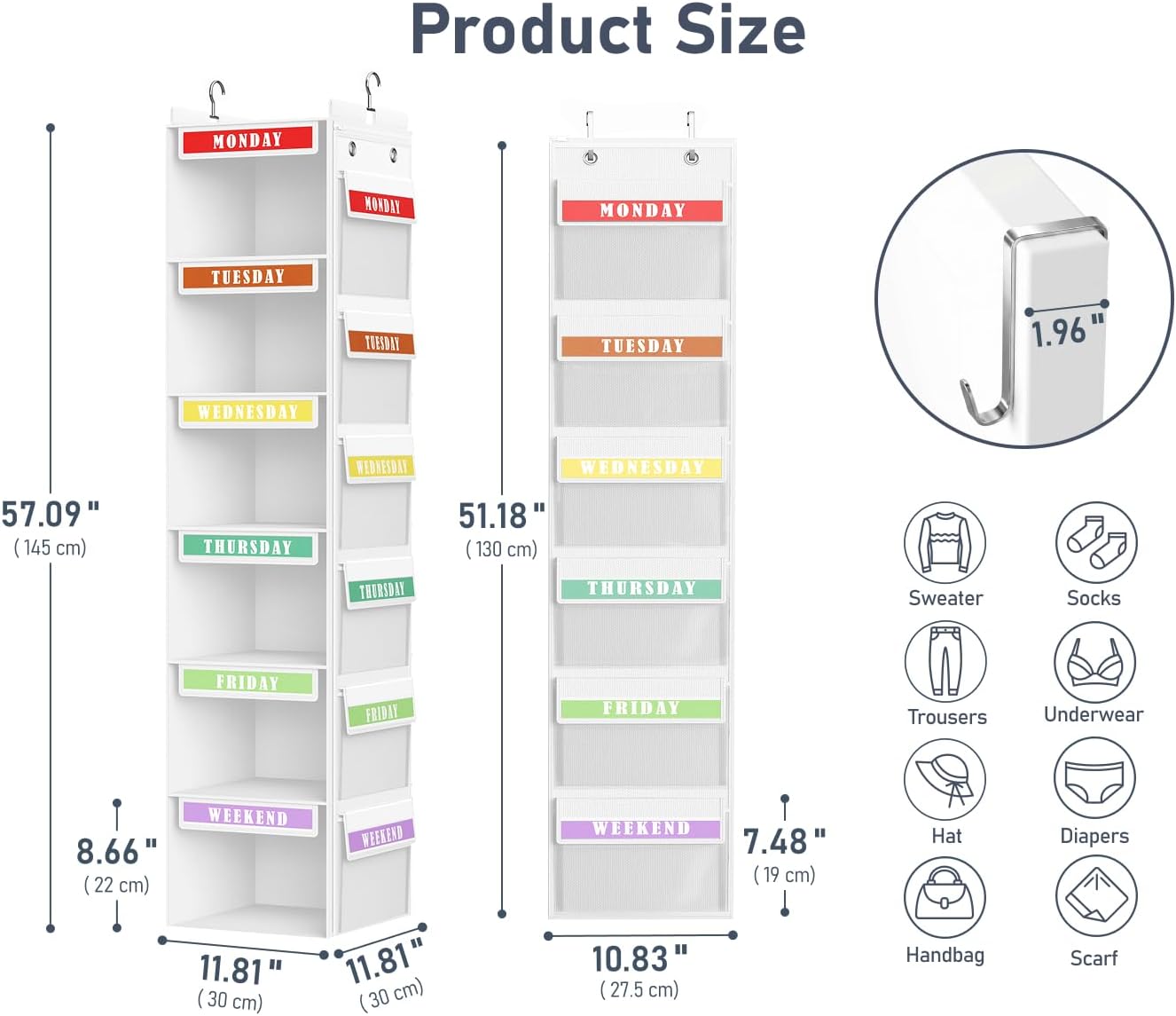 DIMJ Hanging Closet Organizer 2 in 1 - Weekly Clothes Organizer for Kids Over the Door Organizer 6-Shelf Daily Monday Friday Weekend Hanging Shelves, for School Outfits, Baby Clothes, Grey