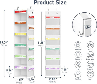 DIMJ Hanging Closet Organizer 2 in 1 - Weekly Clothes Organizer for Kids Over the Door Organizer 6-Shelf Daily Monday Friday Weekend Hanging Shelves, for School Outfits, Baby Clothes, Grey
