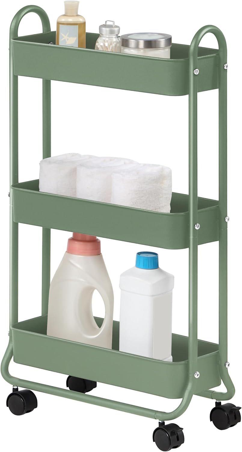 SunnyPoint Slim Rolling Storage Cart, 3 Tier Bathroom Storage Organizer Bathroom, Laundry Utility Cart (White)