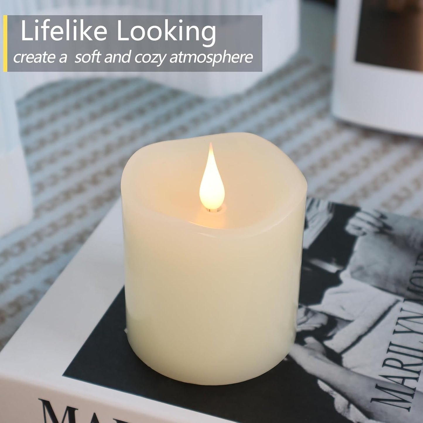 TECHLONG Flameless Candles Battery Operated with Remote Timer, 3D Moving Flame Flickering, Last 600+ Hours Battery Candles, 3" x 3" Ivory Real Wax Electric LED Candle for Wedding Party, Set of 2