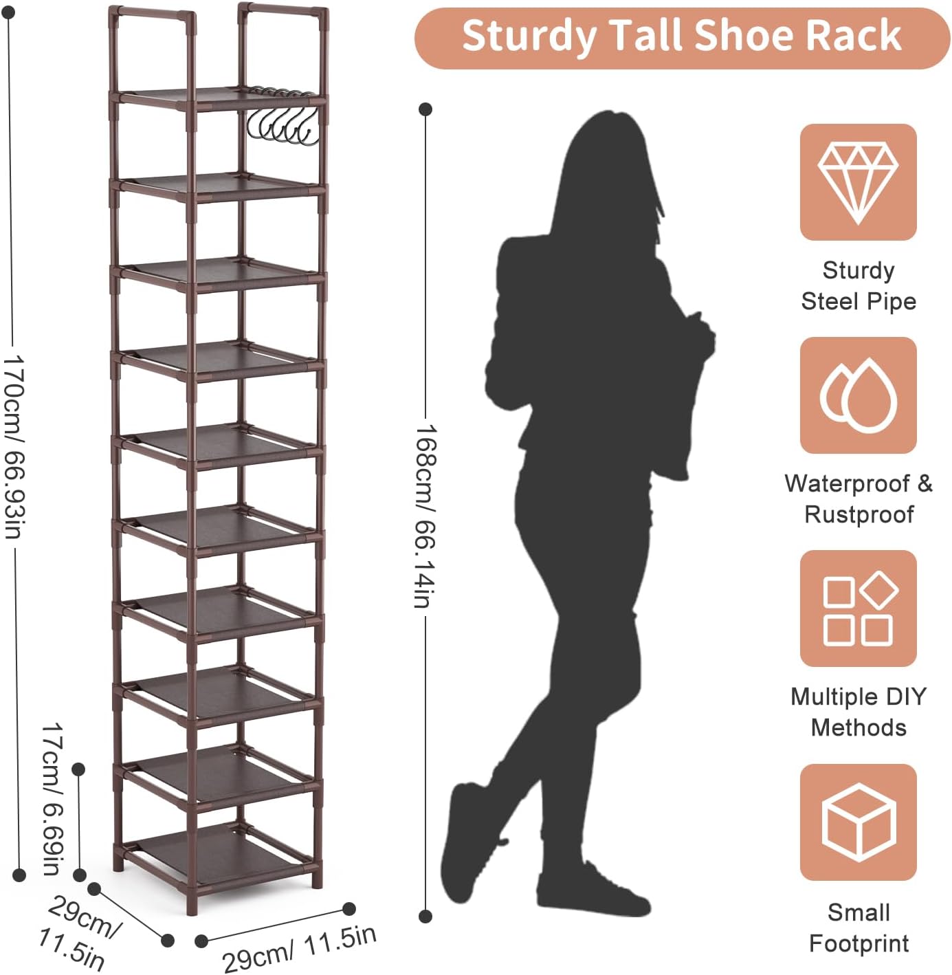 LANTEFUL Tall Narrow Shoe Rack for Entryway, 10-Tier Sturdy Metal Shoe Shelf Storage 10-15 Pairs of Shoes and Boots, Space Saving Corner Shoe Rack Organizer for Closet,Doorway,Garage,Living Room
