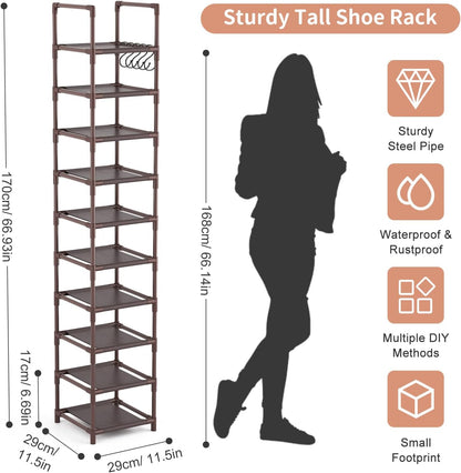 LANTEFUL Tall Narrow Shoe Rack for Entryway, 10-Tier Sturdy Metal Shoe Shelf Storage 10-15 Pairs of Shoes and Boots, Space Saving Corner Shoe Rack Organizer for Closet,Doorway,Garage,Living Room