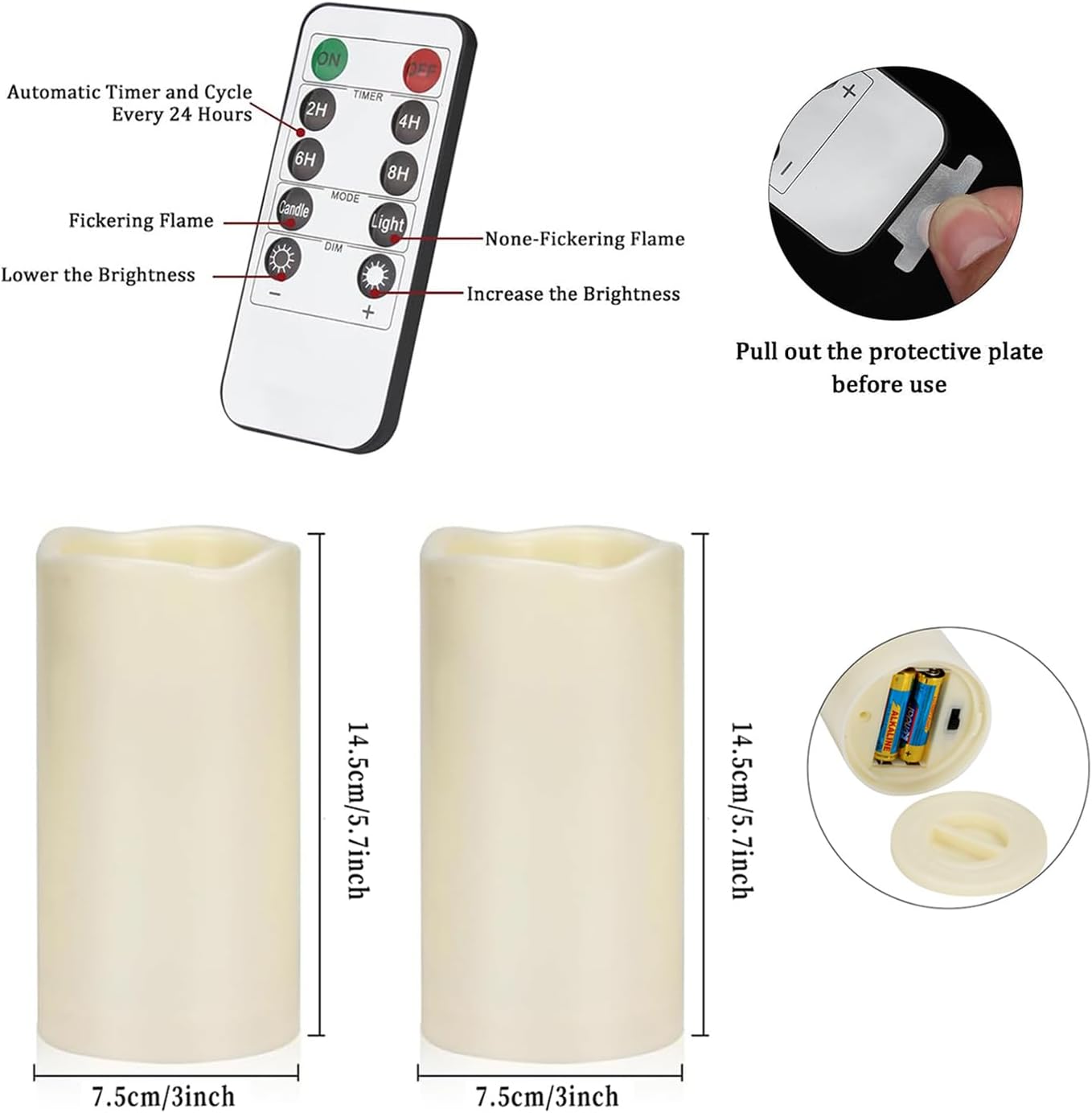 Flameless Candles 4" 5" 6" Set of 3 Ivory Outdoor Indoor Pillars 3" Diameter Battery Operated Flickering Candles Include 10-Key Remote Timer Function 400+ Hours Requires 2 AA Batteries（3 Pack)