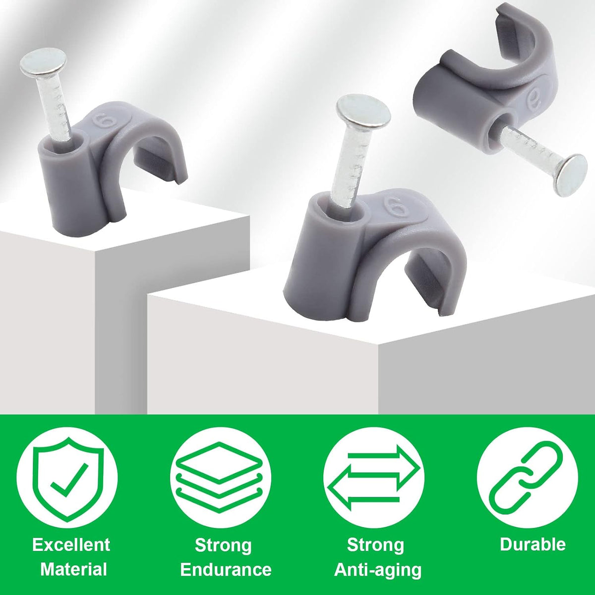 Flat Ethernet Cable Wire Clips with Nail, 14mm, White | Single Coaxial Cable Clamps, Cable Management