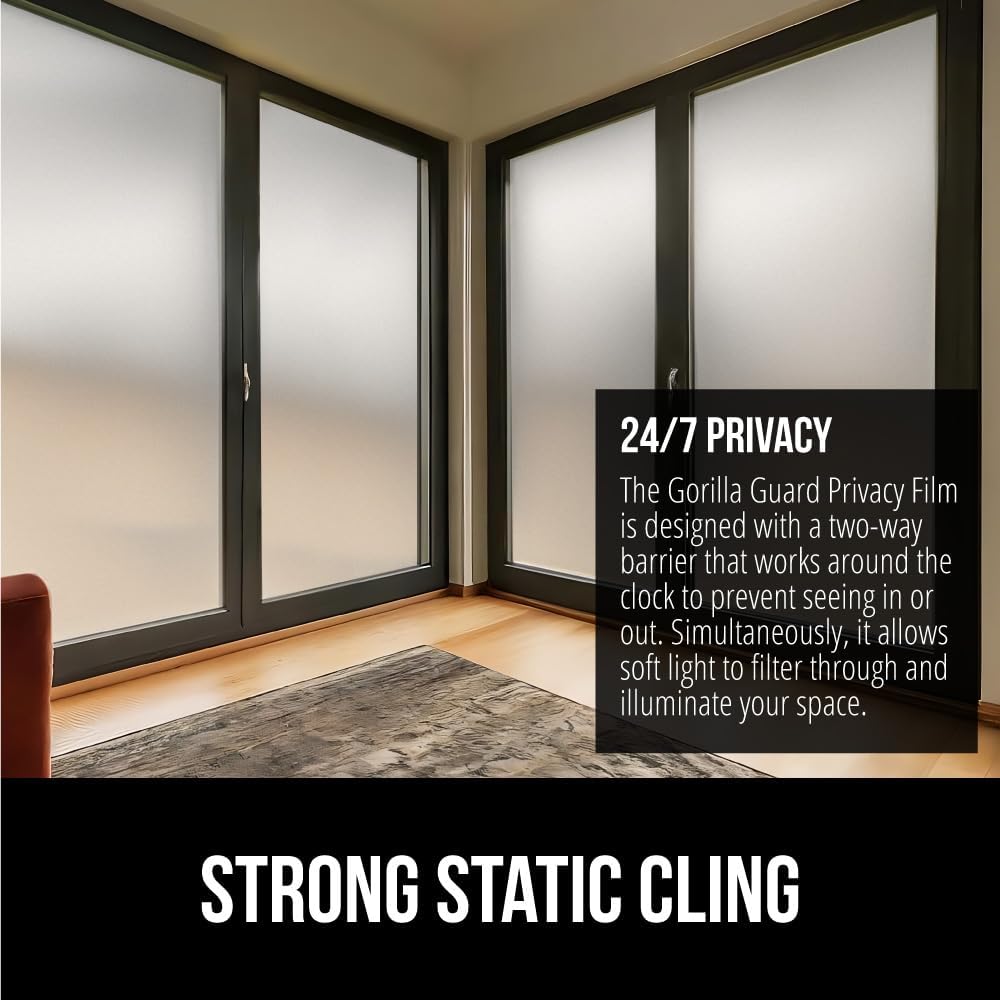 Gorilla Guard Window Privacy Film, Removable Two Way Sun Blocking, Reusable No Residue Stickers, Strong Static Clings to Glass Windows, Decorative Bathroom Door Coverings, 17.5 x 78.7 Inch, Frosted