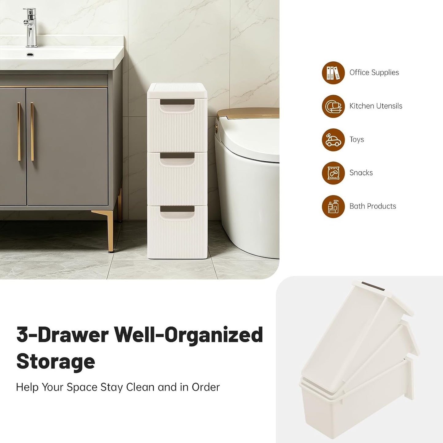 3 Drawers Slim Storage Cart, Narrow Plastic Rolling Organizer Small Cabinet Container with Wheels for Small Spaces, Kitchen, Laundry, Office, Bedroom (3 Drawers)