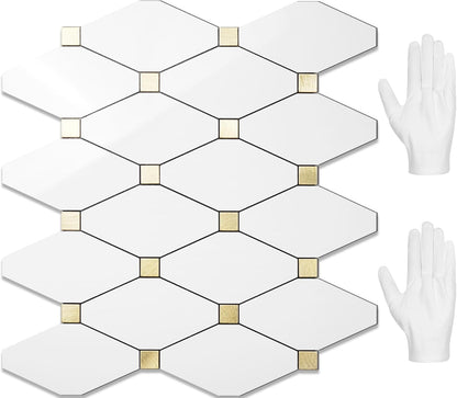STICKGOO 10 Sheets Peel and Stick Backsplash, Polished Dolomite PVC Mixed Metal Gold Kitchen Backsplash, Stick on Backsplash Wall Tiles for Kitchen, Bathroom, RV