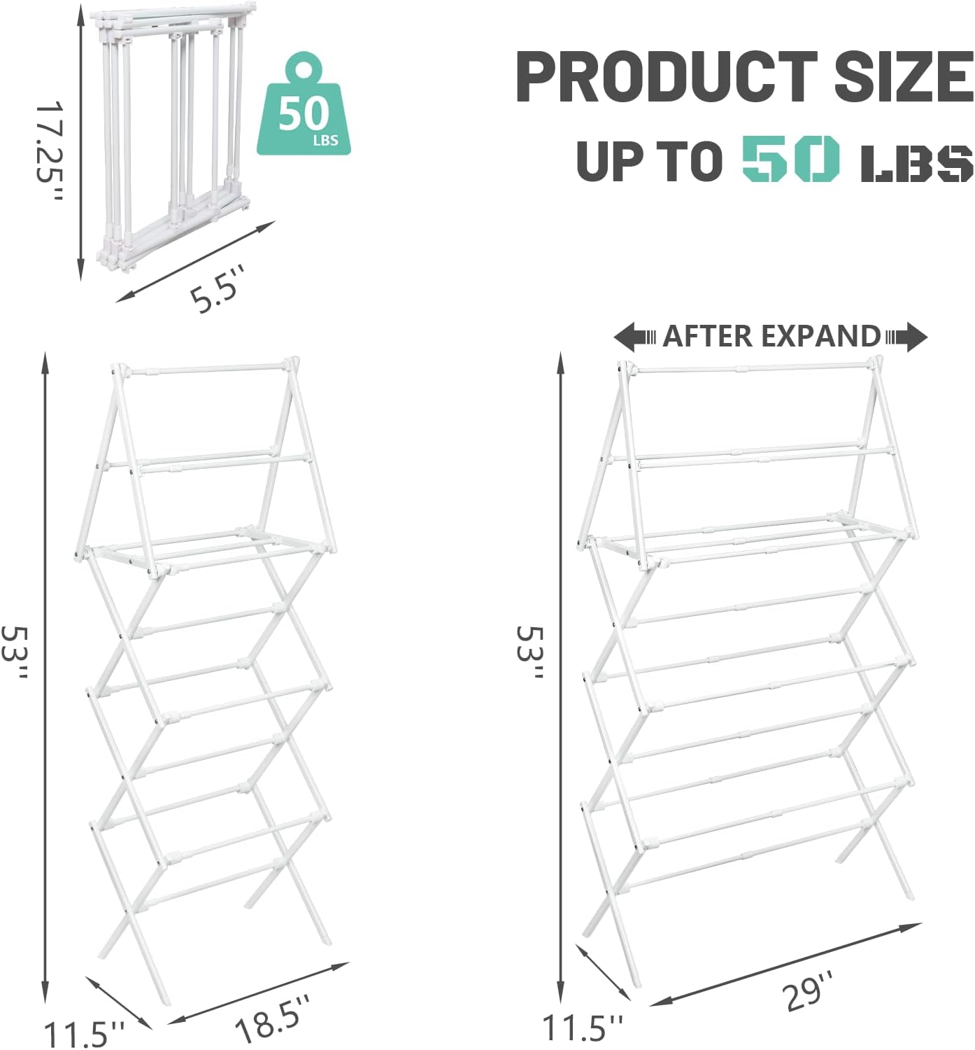 ZOES HOMEWARE 4 Tier Clothes Drying Rack Foldable | Foldable Clothing Drying Rack | Laundry Drying Rack Collapsible for Laundry Room, Dorm, Expandable Sturdy Metal Design | Black 29"L x 11.5"W x 53"H