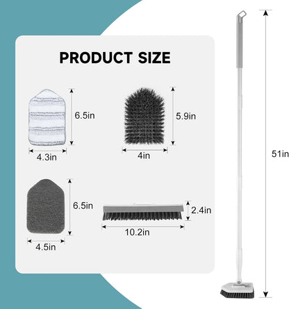 nacena Shower Scrubber with Long Handle, 3 in 1 Tile Tub Scrubber Brush with 3 Detachable Cleaning Heads Adjustable Handle Shower Cleaner Brush for Bathroom, Kitchen, Toilet, Wall, Sink, Blue White