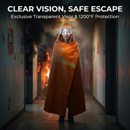 Fireproof Cloak with Transparent Visor, 1200°F Heat Resistant Fire Escape Cape for Home, No-Itch Silicone Emergency Fire Blanket for Rapid Family Safety & Survival, 71x63 Full Body