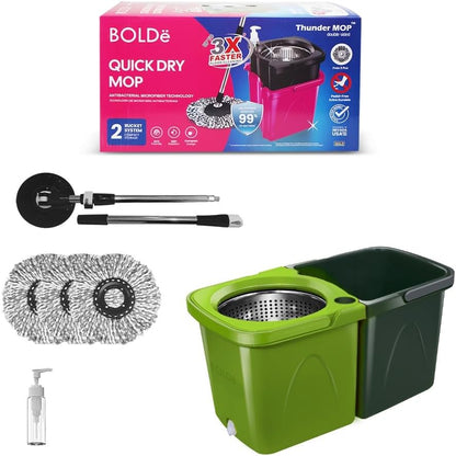 Thunder Mop Spin System -Double-Sided- 2 Compact Stackable 6L Buckets, Microfiber Head, Stainless Steel Wringer, Antifungal Quick-Dry Cleaning, Soap Dispenser, 3 Free Refills (Lime/Forest Green)