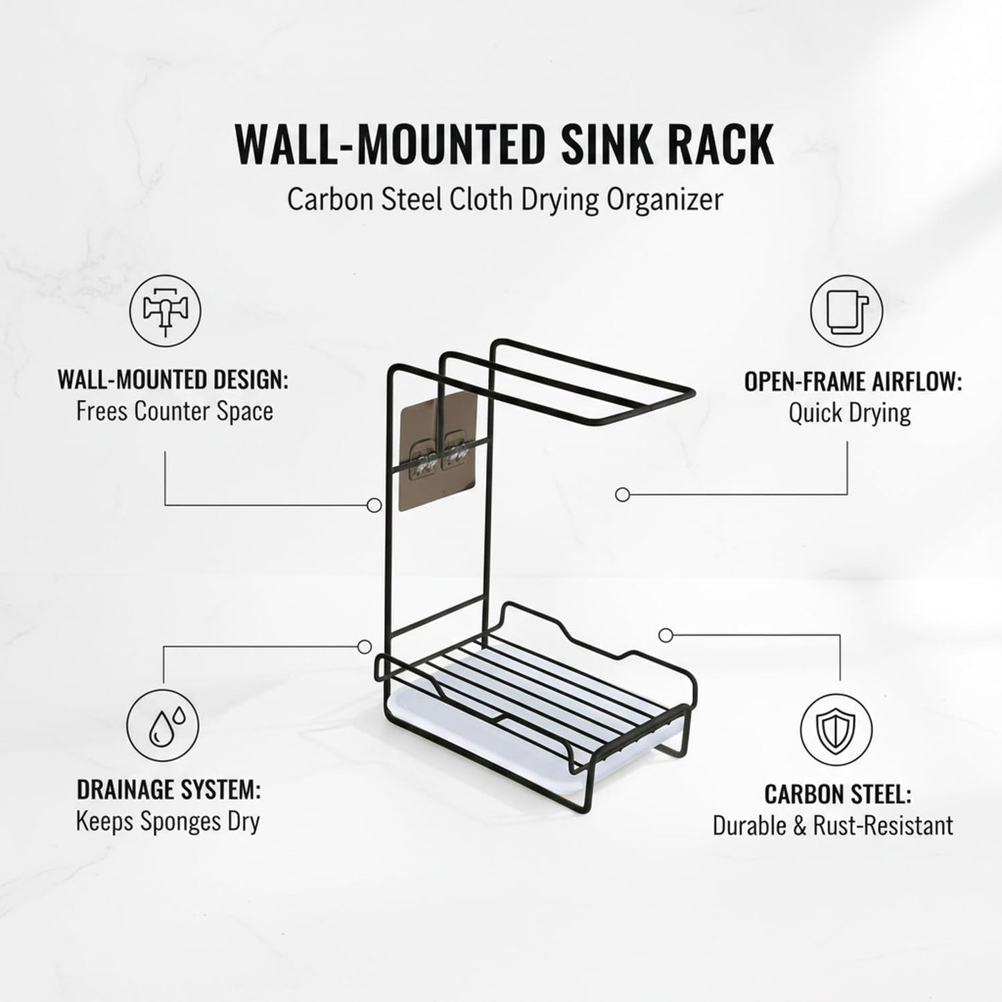 Black Carbon Steel Wall-Mounted Sink Rack for Kitchen & Bathroom - Space Saving Cloth & Sponge Organizer