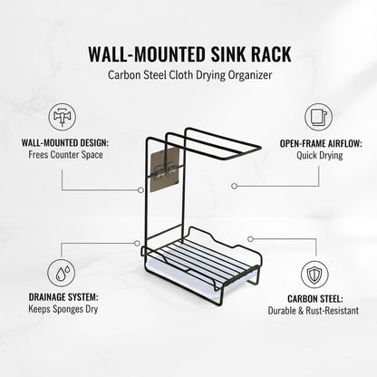 Black Carbon Steel Wall-Mounted Sink Rack for Kitchen & Bathroom - Space Saving Cloth & Sponge Organizer