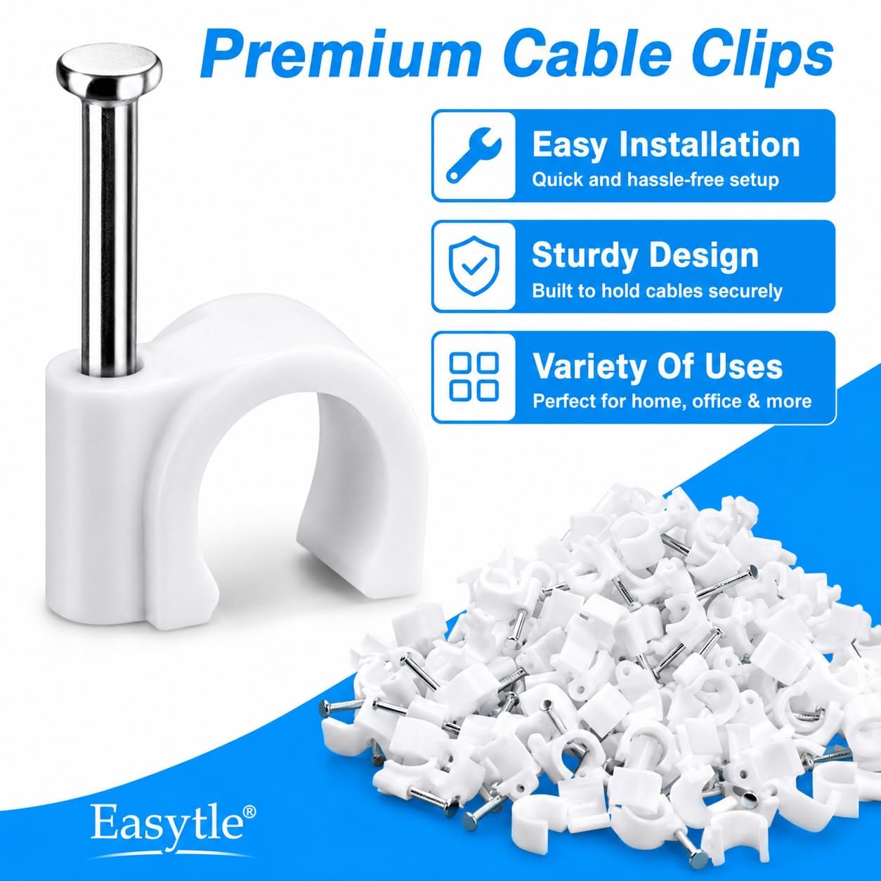 Cable Wire Clips 4mm 6mm 8mm 10mm (Pack of 200) Cable Management RG6 RG59 CAT5 CAT6 RJ45 Electrical Ethernet Dish TV Speaker Wire Cord Tie Holder Single Coaxial Nail Clamps